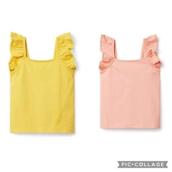 NWT Janie and Jack Girls 2 Tank Tops Flutter Straps Yellow & Coral - Size 10 - Picture 1 of 12
